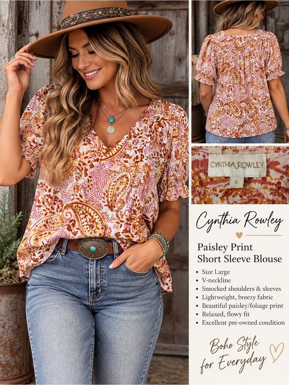 Cynthia Rowley Paisley Boho Peasant Top Size L Rust Pink Mustard